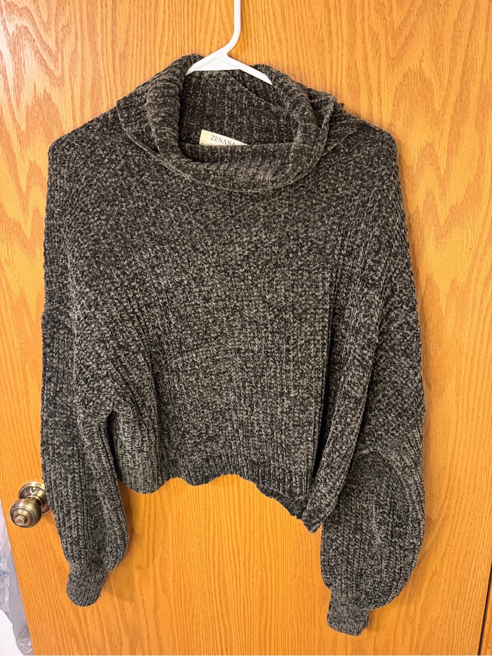 Zenana Gray Chenille Sweater Women’s Balloon Sleeve Cowl Neck Cozy Large